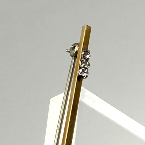 Vintage Krementz 14K Gold Filled Bar Pin Brooch 3 Clear Rhinestones Midcentury - Picture 5 of 10